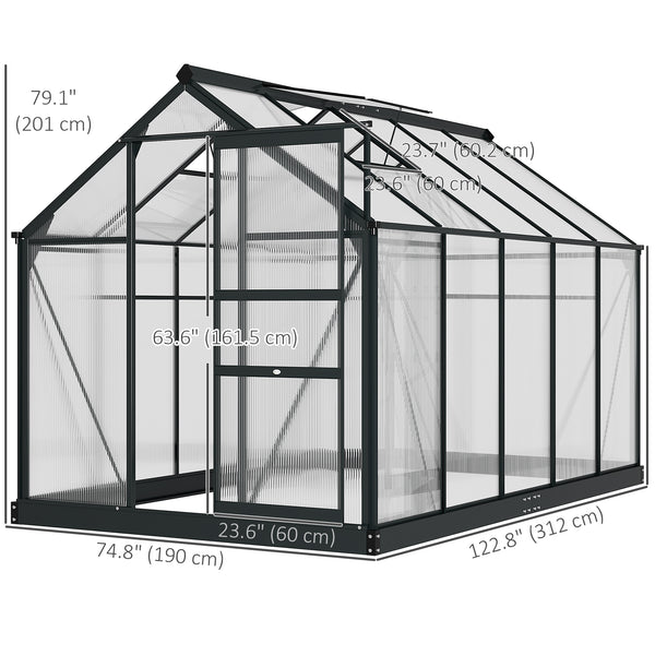 6' x 10' x 6.6' Polycarbonate Greenhouse, Walk-In Green House Kit Garden, Plants Grow, Galvanized Sheet Aluminum Frame with Rain Gutter, Vents and Sliding Door, Grey