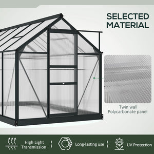6 x 10ft Polycarbonate Greenhouse, Large Walk-In Green House with Slide Door and Window, Garden Plants Grow House with Aluminium Frame and Foundation, Grey