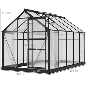 6 x 10ft Polycarbonate Greenhouse, Large Walk-In Green House with Slide Door and Window, Garden Plants Grow House with Aluminium Frame and Foundation, Grey