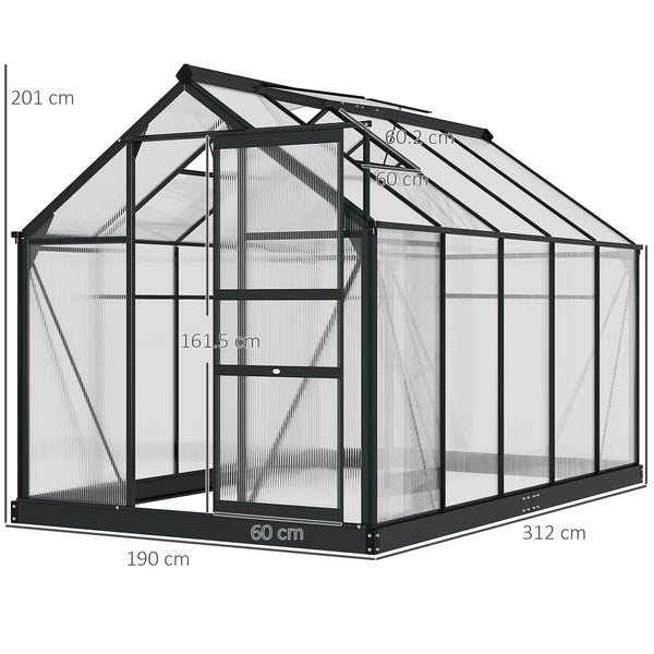 6 x 10ft Polycarbonate Greenhouse, Large Walk-In Green House with Slide Door and Window, Garden Plants Grow House with Aluminium Frame and Foundation, Grey