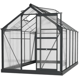 6 x 10ft Polycarbonate Greenhouse, Large Walk-In Green House with Slide Door and Window, Garden Plants Grow House with Aluminium Frame and Foundation, Grey
