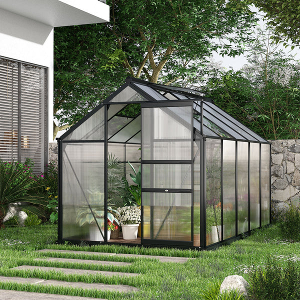 6 x 10ft Polycarbonate Greenhouse, Large Walk-In Green House with Slide Door and Window, Garden Plants Grow House with Aluminium Frame and Foundation, Grey