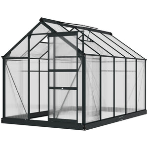 6 x 10ft Polycarbonate Greenhouse, Large Walk-In Green House with Slide Door and Window, Garden Plants Grow House with Aluminium Frame and Foundation, Grey