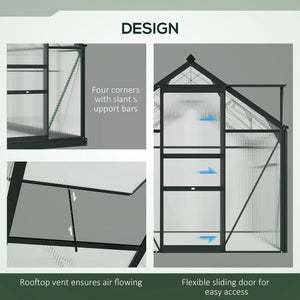 6' x 10' x 6.6' Polycarbonate Greenhouse, Walk-In Green House Kit Garden, Plants Grow, Galvanized Sheet Aluminum Frame with Rain Gutter, Vents and Sliding Door, Grey