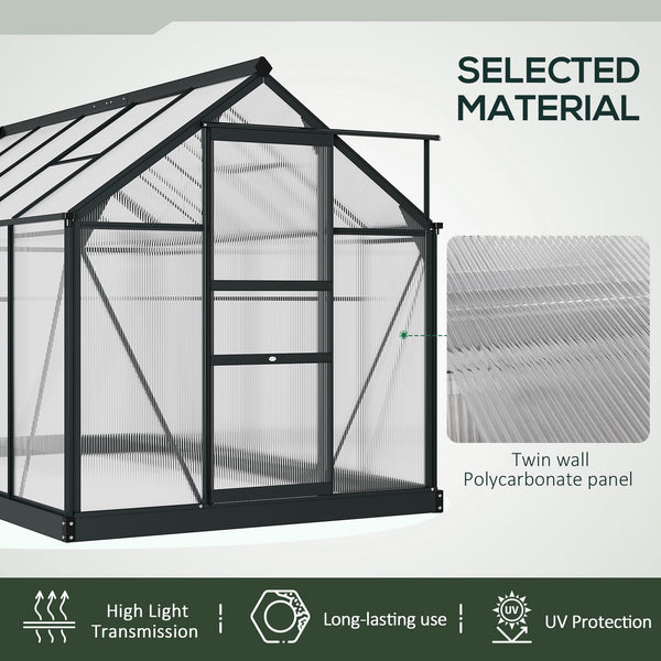 6' x 10' x 6.6' Polycarbonate Greenhouse, Walk-In Green House Kit Garden, Plants Grow, Galvanized Sheet Aluminum Frame with Rain Gutter, Vents and Sliding Door, Grey