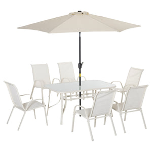 8 Pieces Patio Dining Set with Umbrella, Aluminum Frame Outdoor Patio Furniture Set with 6 Sling Chairs and Glass Top Rectangle Dining Table, Cream White