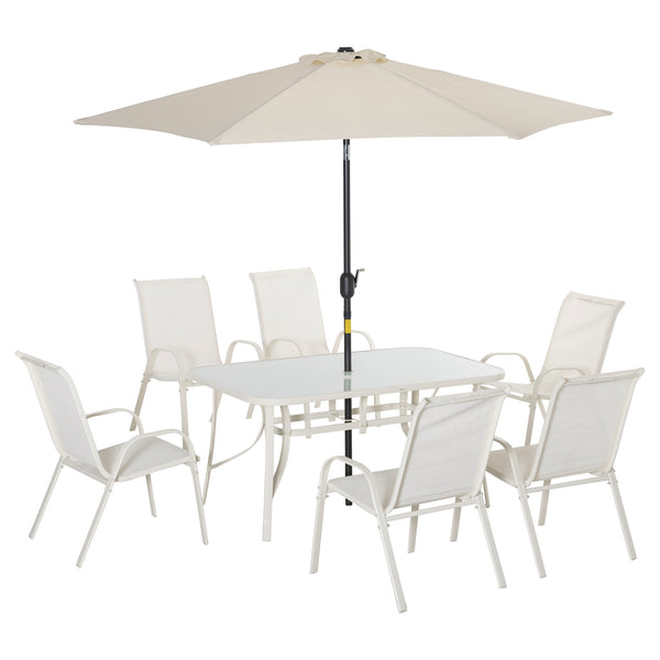 8 Pieces Patio Dining Set with Umbrella, Aluminum Frame Outdoor Patio Furniture Set with 6 Sling Chairs and Glass Top Rectangle Dining Table, Cream White
