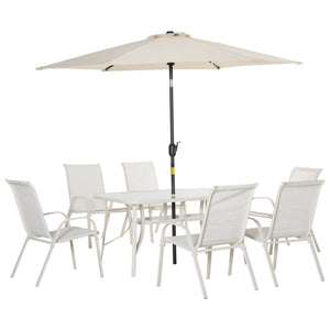 8 Pieces Patio Dining Set with Umbrella, Aluminum Frame Outdoor Patio Furniture Set with 6 Sling Chairs and Glass Top Rectangle Dining Table, Cream White