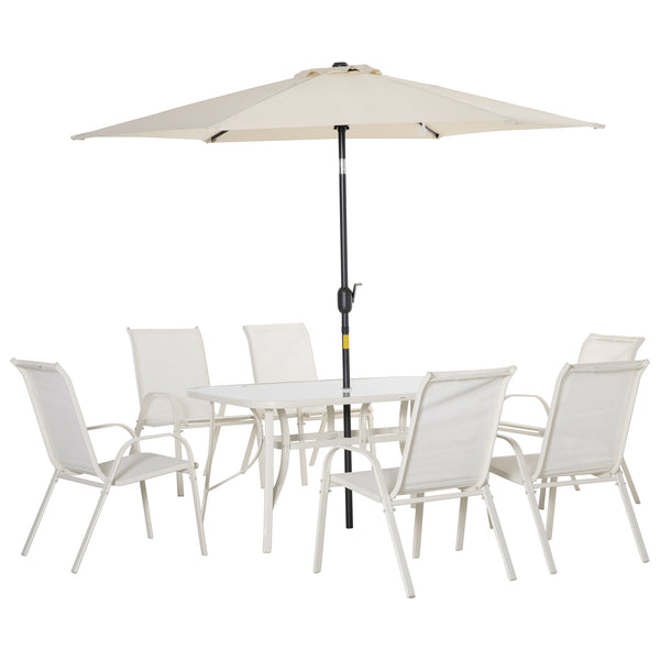 8 Pieces Patio Dining Set with Umbrella, Aluminum Frame Outdoor Patio Furniture Set with 6 Sling Chairs and Glass Top Rectangle Dining Table, Cream White