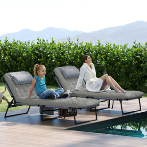 2 Pieces Folding Lounge Chairs with 4-level Reclining Back, Outdoor Tanning Chair with Cushion, Sun Lounger with Breathable Mesh Fabric, Side Pocket, Headrest, Grey