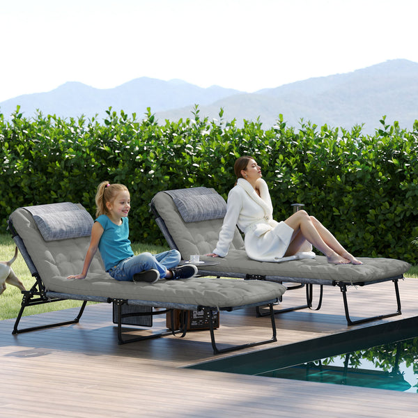 2 Pieces Folding Lounge Chairs with 4-level Reclining Back, Outdoor Tanning Chair with Cushion, Sun Lounger with Breathable Mesh Fabric, Side Pocket, Headrest, Grey