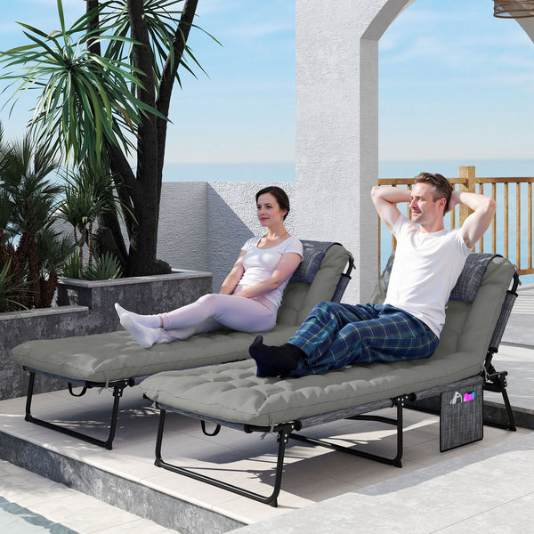 2 Pieces Folding Lounge Chairs with 4-level Reclining Back, Outdoor Tanning Chair with Cushion, Sun Lounger with Breathable Mesh Fabric, Side Pocket, Headrest, Grey