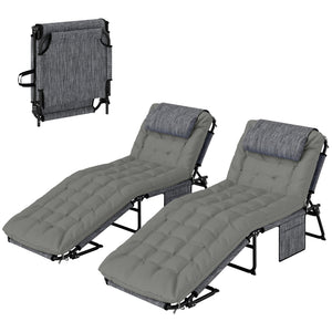 2 Pieces Folding Lounge Chairs with 4-level Reclining Back, Outdoor Tanning Chair with Cushion, Sun Lounger with Breathable Mesh Fabric, Side Pocket, Headrest, Grey
