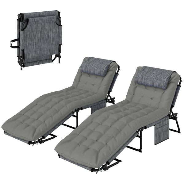 2 Pieces Folding Lounge Chairs with 4-level Reclining Back, Outdoor Tanning Chair with Cushion, Sun Lounger with Breathable Mesh Fabric, Side Pocket, Headrest, Grey