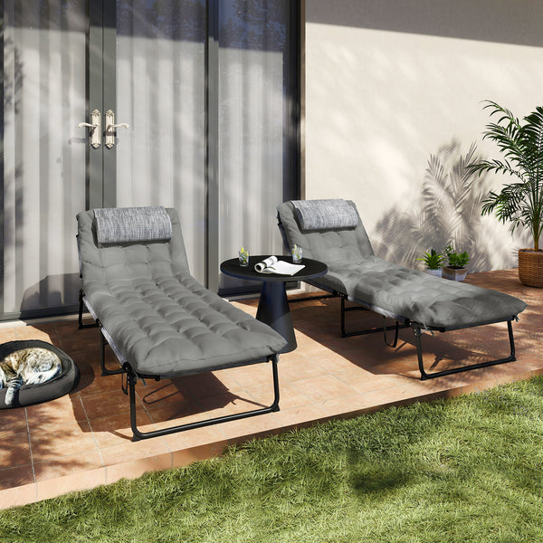 2 Pieces Folding Lounge Chairs with 4-level Reclining Back, Outdoor Tanning Chair with Cushion, Sun Lounger with Breathable Mesh Fabric, Side Pocket, Headrest, Grey