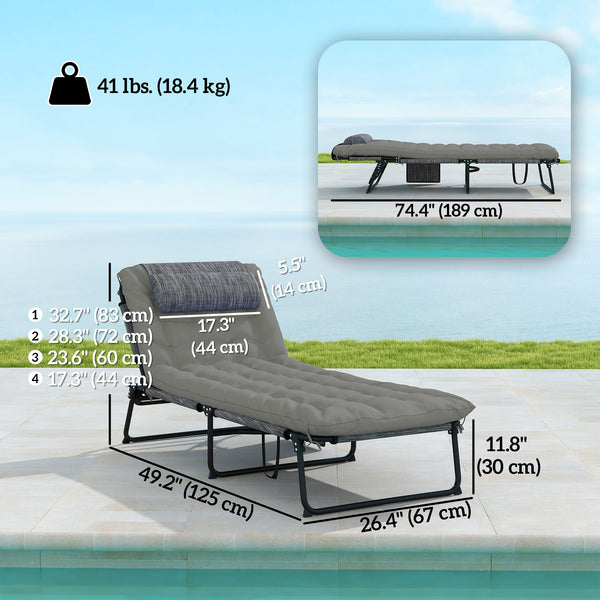 2 Pieces Folding Lounge Chairs with 4-level Reclining Back, Outdoor Tanning Chair with Cushion, Sun Lounger with Breathable Mesh Fabric, Side Pocket, Headrest, Grey