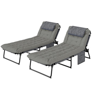2 Pieces Folding Lounge Chairs with 4-level Reclining Back, Outdoor Tanning Chair with Cushion, Sun Lounger with Breathable Mesh Fabric, Side Pocket, Headrest, Grey