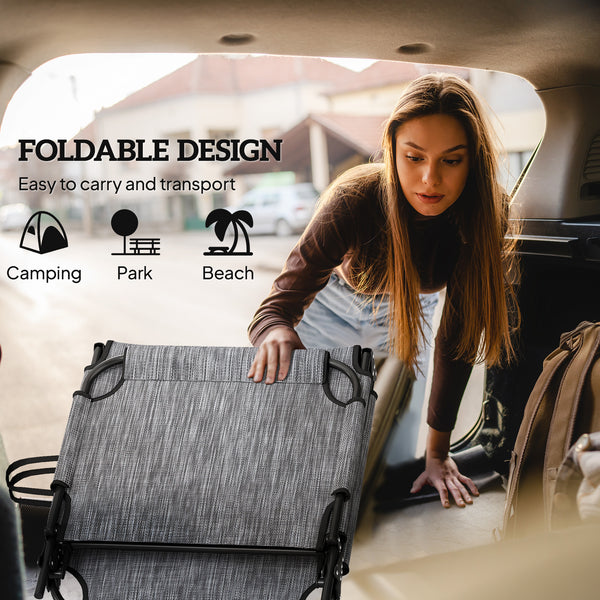 2 Pieces Folding Lounge Chairs with 4-level Reclining Back, Outdoor Tanning Chair with Cushion, Sun Lounger with Breathable Mesh Fabric, Side Pocket, Headrest, Grey