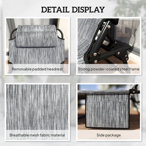 2 Pieces Folding Lounge Chairs with 4-level Reclining Back, Outdoor Tanning Chair with Cushion, Sun Lounger with Breathable Mesh Fabric, Side Pocket, Headrest, Grey