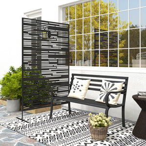 Metal Outdoor Privacy Screen, 78" H x 48" W Decorative Privacy Fence Screen, Freestanding Outdoor Divider with Stand, Climbing Plant Trellis for Garden Walkway, Balcony, Patio, Barcode Black