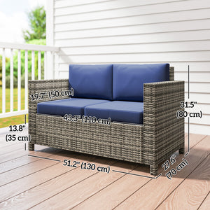 2 Seat Patio Loveseat Deluxe Wicker Sofa Chair Outdoor Rattan Furniture Couch All Weather with Cushion for Balcony, Deck, Garden and Poolside, Dark Blue