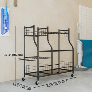 Garden Tool Organizer for Garage, 3-Tier Yard Tool Storage Rack with 74 Slots, 4 Wheels and 11 Hooks for Long-Handled Shovels and Rakes for Shed, Yard, Patio, Black