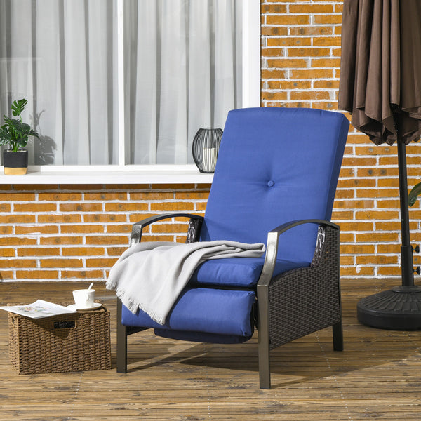 PE Rattan Outdoor Recliner Chair, Wicker Patio Lounge Chair with Adjustable Backrest, Retractable Footrest and Cushion, Dark Blue