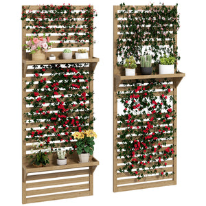 2-pieces Outdoor Plant Stands with Hanging Planter Shelves and Slatted Trellis for Climbing Plants, 170cm Wall Mount Wooden Plant Rack for Patio, Balcony, Porch, Natural