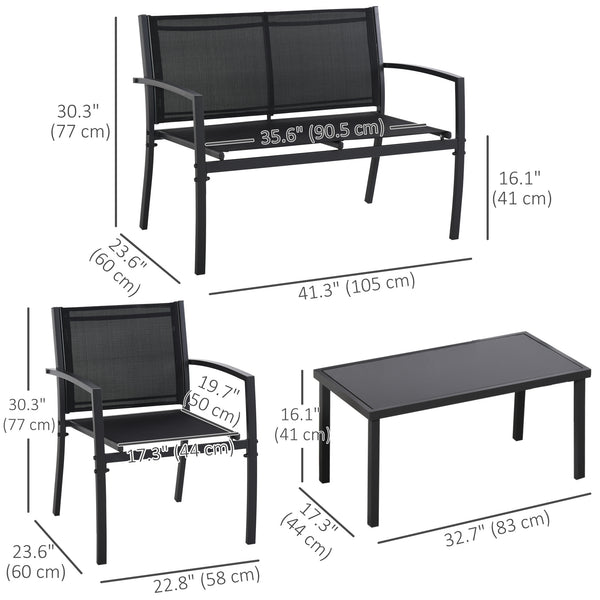 4 Piece Patio Furniture Set with Breathable Mesh Seat, Metal Outdoor Furniture Set with Loveseat, Armchairs and Glass Top Coffee Table for Garden, Balcony, Black