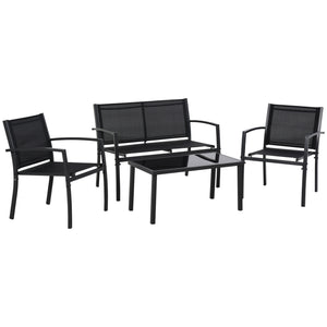 4 Piece Patio Furniture Set with Breathable Mesh Seat, Metal Outdoor Furniture Set with Loveseat, Armchairs and Glass Top Coffee Table for Garden, Balcony, Black