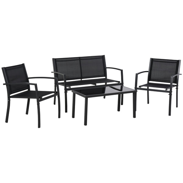 4 Piece Patio Furniture Set with Breathable Mesh Seat, Metal Outdoor Furniture Set with Loveseat, Armchairs and Glass Top Coffee Table for Garden, Balcony, Black