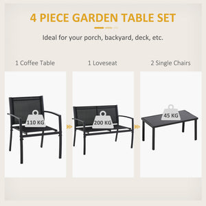 4 Piece Patio Furniture Set with Breathable Mesh Seat, Metal Outdoor Furniture Set with Loveseat, Armchairs and Glass Top Coffee Table for Garden, Balcony, Black