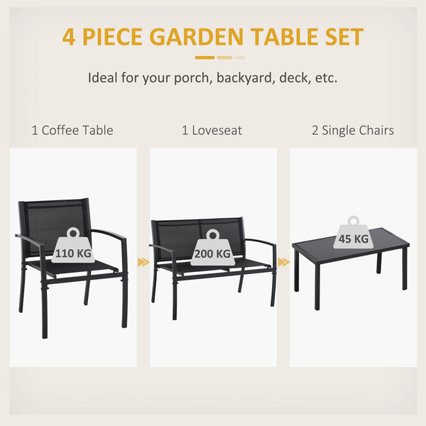 4 Piece Patio Furniture Set with Breathable Mesh Seat, Metal Outdoor Furniture Set with Loveseat, Armchairs and Glass Top Coffee Table for Garden, Balcony, Black