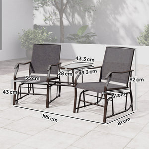 Outdoor Double Glider Rocking Chairs with Glass Top Middle Table, Metal Gliding Love Seat Conversation Furniture with Breathable Mesh Fabric Seat, for Garden, Patio, Grey