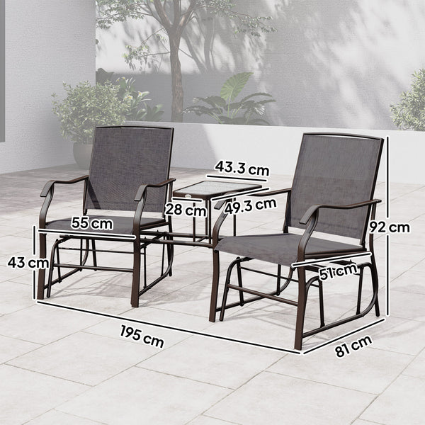 Outdoor Double Glider Rocking Chairs with Glass Top Middle Table, Metal Gliding Love Seat Conversation Furniture with Breathable Mesh Fabric Seat, for Garden, Patio, Grey
