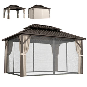 10' x 14' Hardtop Gazebo with UPF50+ Double Galvanized Steel Roof Canopy, Aluminum Frame Permanent Outdoor Gazebo with Curtains and Netting, Ceiling Hooks, Brown
