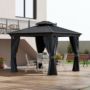 3 x 3.7m Outdoor Hardtop Gazebo Canopy Aluminium Frame with 2-Tier Roof & Mesh Netting Sidewalls for Patio, Dark Grey