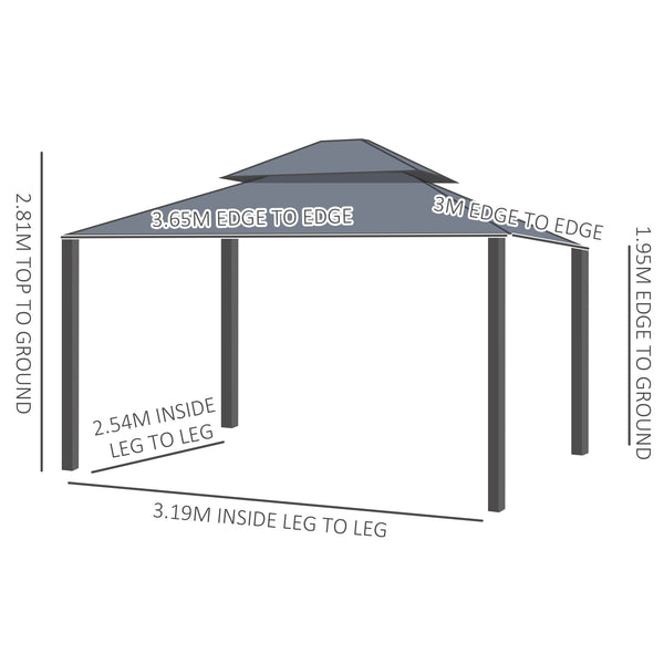 3 x 3.7m Outdoor Hardtop Gazebo Canopy Aluminium Frame with 2-Tier Roof & Mesh Netting Sidewalls for Patio, Dark Grey