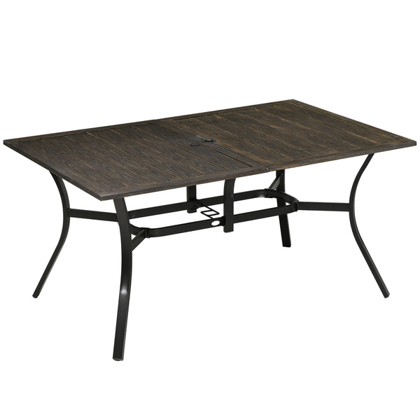 Garden Table with Parasol Hole, Outdoor Garden Dining Table with Wood Grain Tabletop and Steel Frame for Patio, Deck, Balcony, Brown, 150 x 96 x 73cm