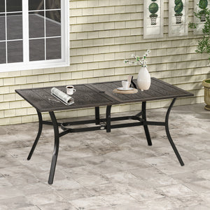 59 Inch Outdoor Dining Table for Six, Patio Table with Parasol Hole, Wood Grain Tabletop, Steel Frame, for Backyard, Garden, Balcony, Deck, Brown