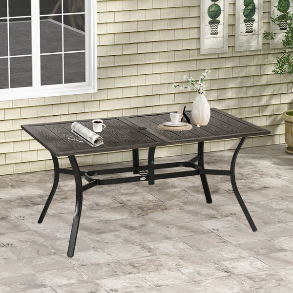 59 Inch Outdoor Dining Table for Six, Patio Table with Parasol Hole, Wood Grain Tabletop, Steel Frame, for Backyard, Garden, Balcony, Deck, Brown
