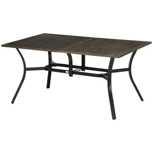 59 Inch Outdoor Dining Table for Six, Patio Table with Parasol Hole, Wood Grain Tabletop, Steel Frame, for Backyard, Garden, Balcony, Deck, Brown