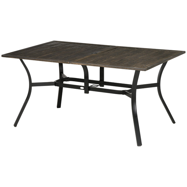 59 Inch Outdoor Dining Table for Six, Patio Table with Parasol Hole, Wood Grain Tabletop, Steel Frame, for Backyard, Garden, Balcony, Deck, Brown