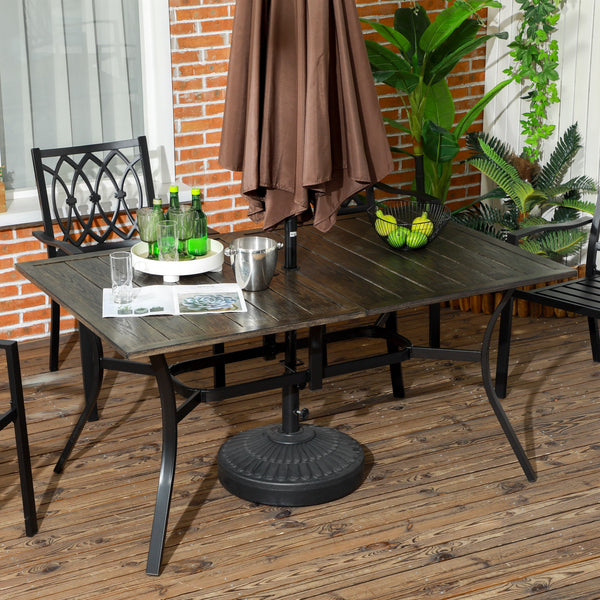 Garden Table with Parasol Hole, Outdoor Garden Dining Table with Wood Grain Tabletop and Steel Frame for Patio, Deck, Balcony, Brown, 150 x 96 x 73cm