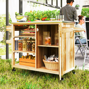 Outsunny Outdoor Grill Cart with Wheels and Storage Cabinet, Solid Wood Outdoor Kitchen Island with Stainless Steel Top, Movable Bar Cart with Spice Rack, Towel Rack for Camping, BBQ, Natural Wood