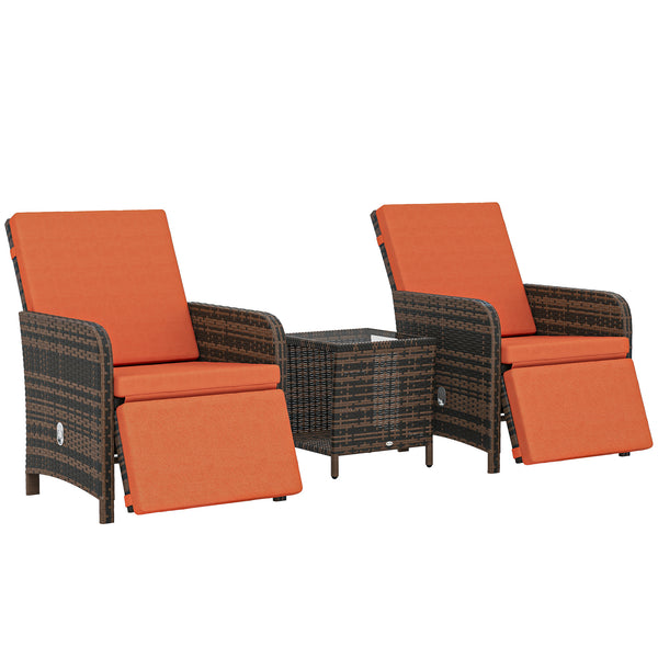 3 Pieces Rattan Bistro Set, Reclining Garden Chairs and 2-Tier Storage Glass-Top Table, PE Wicker Garden Furniture Conversation Set with Cushions for Outdoor, Patio, Balcony, Orange
