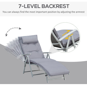 Sun Lounger Steel Frame Outdoor Folding Chaise Texteline Lounge Chair Recliner with Headrest & 7 Levels Adjustable Backrest, Grey