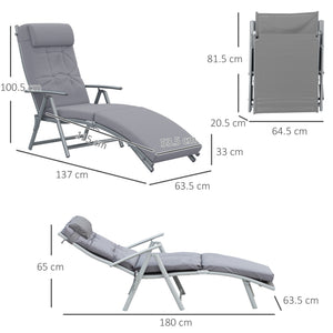 Sun Lounger Steel Frame Outdoor Folding Chaise Texteline Lounge Chair Recliner with Headrest & 7 Levels Adjustable Backrest, Grey