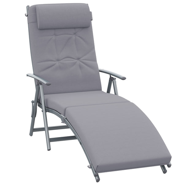 Sun Lounger Steel Frame Outdoor Folding Chaise Texteline Lounge Chair Recliner with Headrest & 7 Levels Adjustable Backrest, Grey
