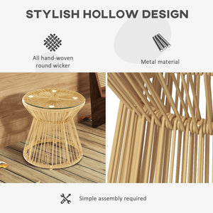 Outdoor Coffee Table, Round PE Rattan Side Table with Tempered Glass Table Top, Hollow Drum Design for Garden, Balcony, Patio, Natural
